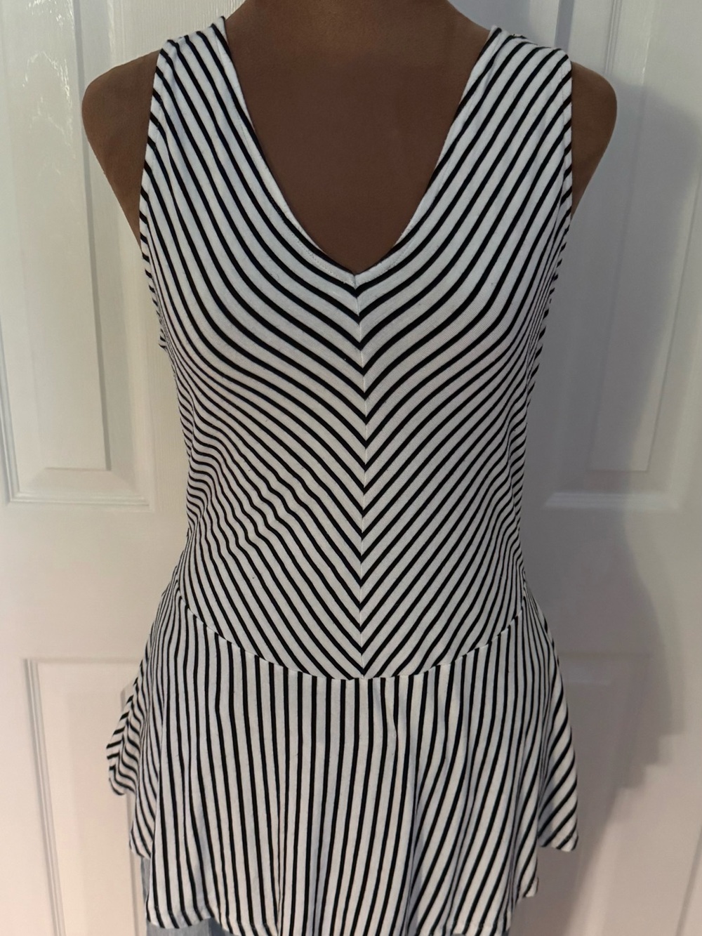 Cable & Gauge Black and White Striped V-Neck Peplum Tank